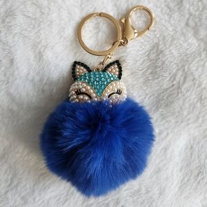 Blue Fox Pom Pom Rhinestone Keychain Bag Charm